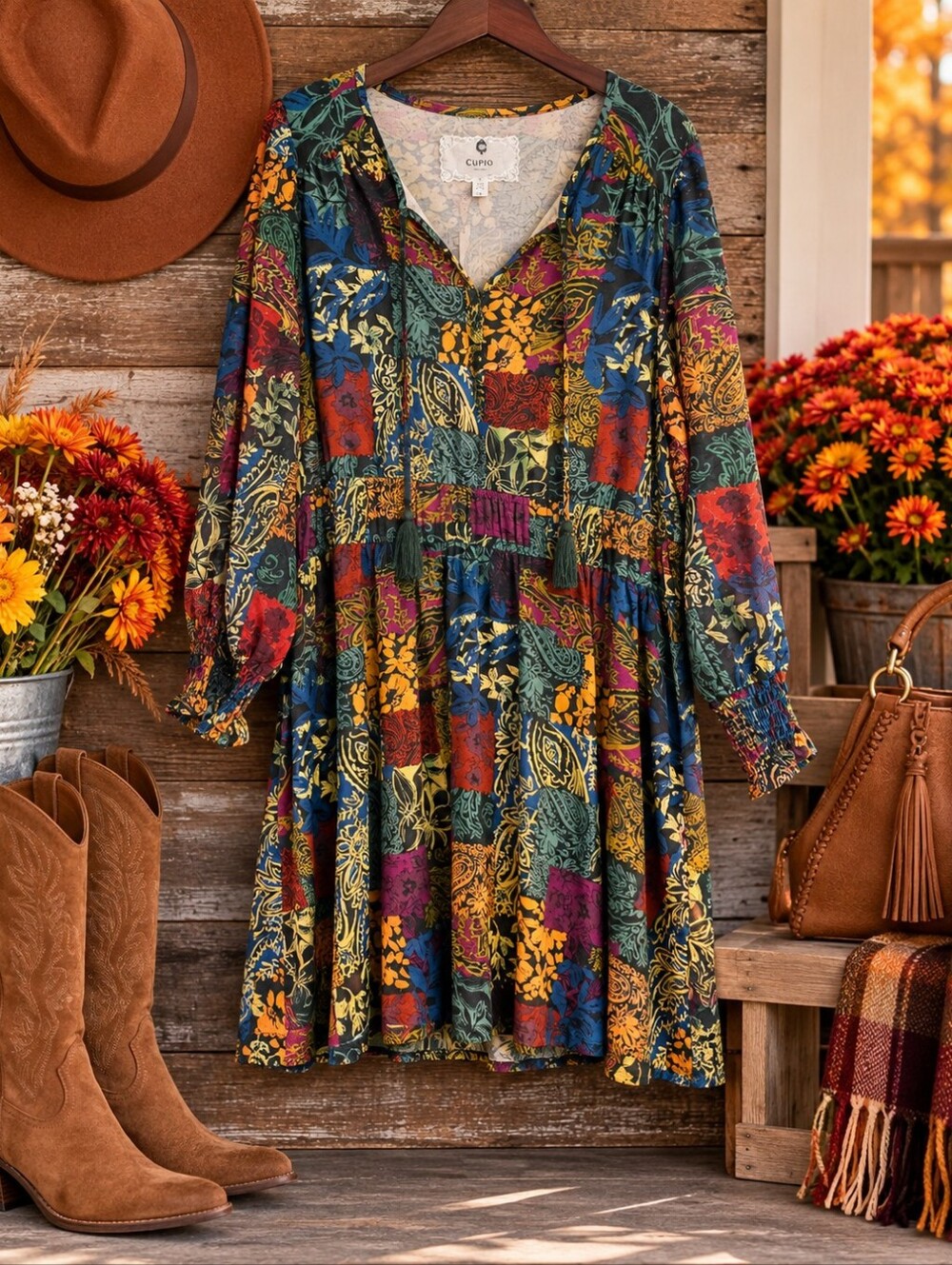NWT Cupio 1X Multicolor Floral Paisley Boho Tiered Dress